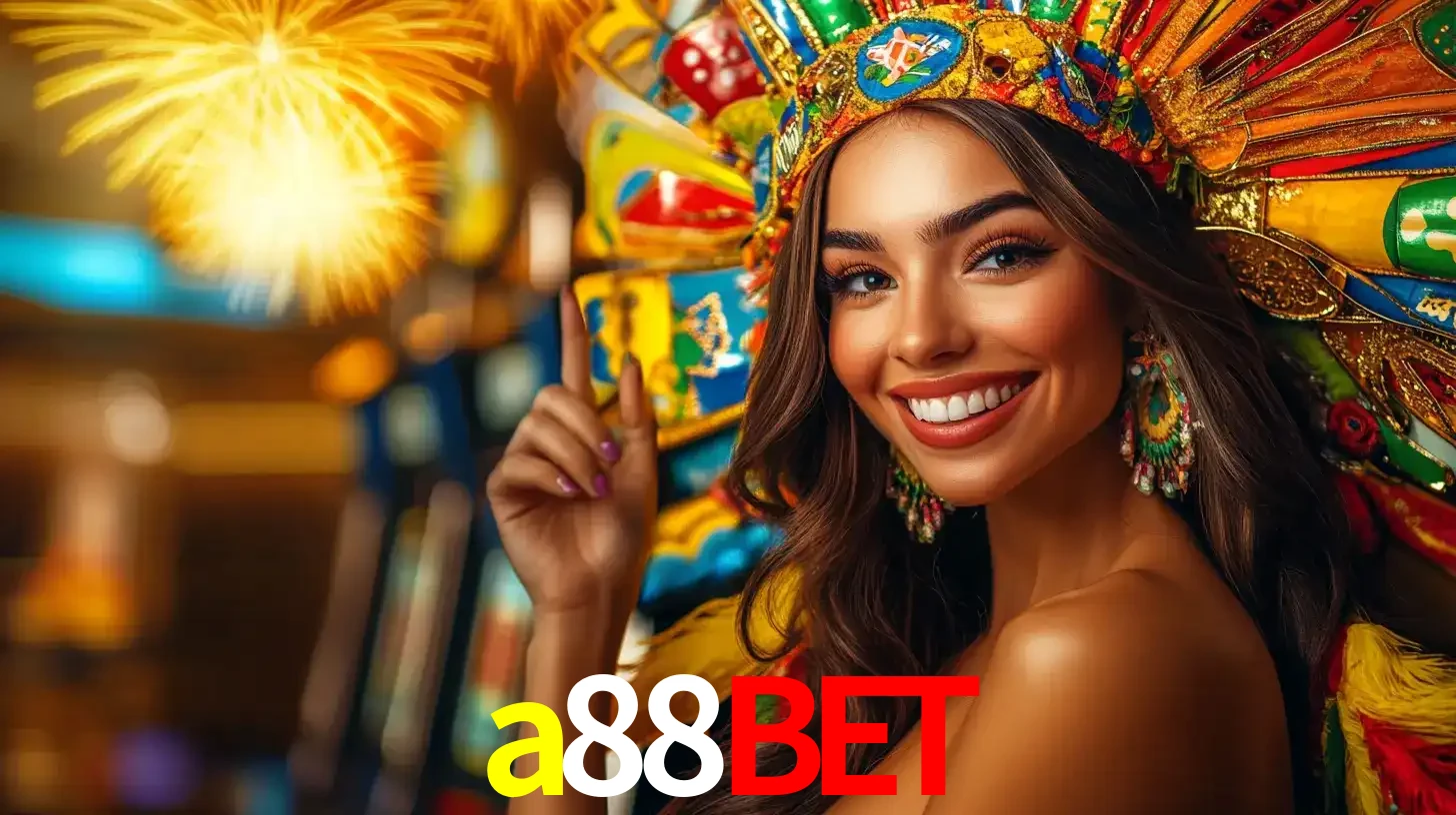 Mulher sorridente com um cocar de carnaval vibrante e colorido, celebrando uma grande vitória nos jogos do cassino a88bet com fogos de artifício ao fundo.