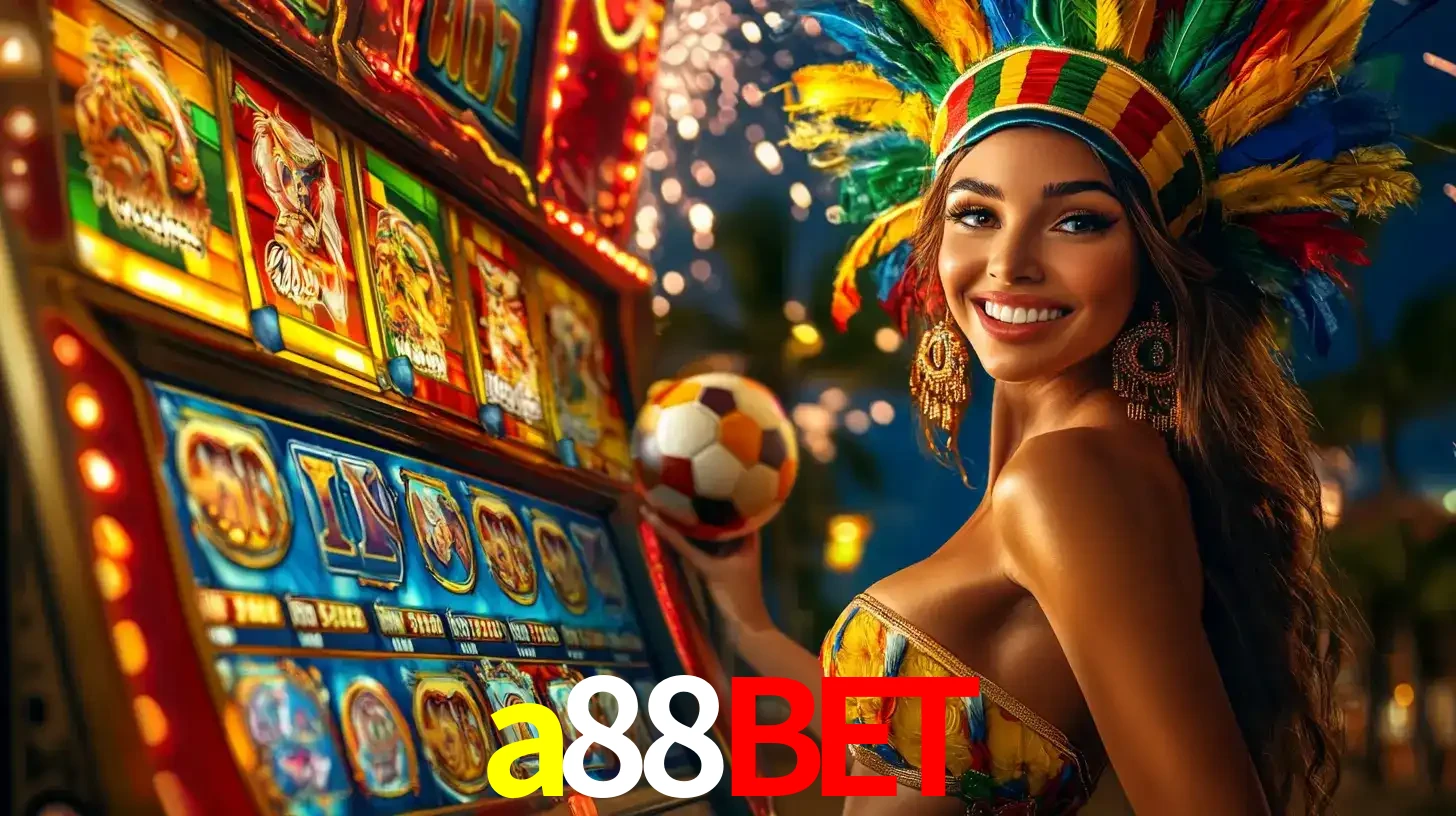Mulher com um cocar de carnaval ao lado de uma máquina de caça-níqueis enquanto segura uma bola de futebol, mostrando a união da diversão de cassino e esportes no a88bet.