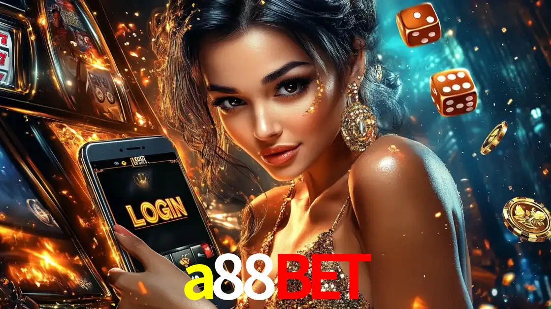 Mulher glamourosa segurando um celular com a tela de login do cassino a88bet, rodeada por dados e moedas douradas, pronta para começar a diversão.