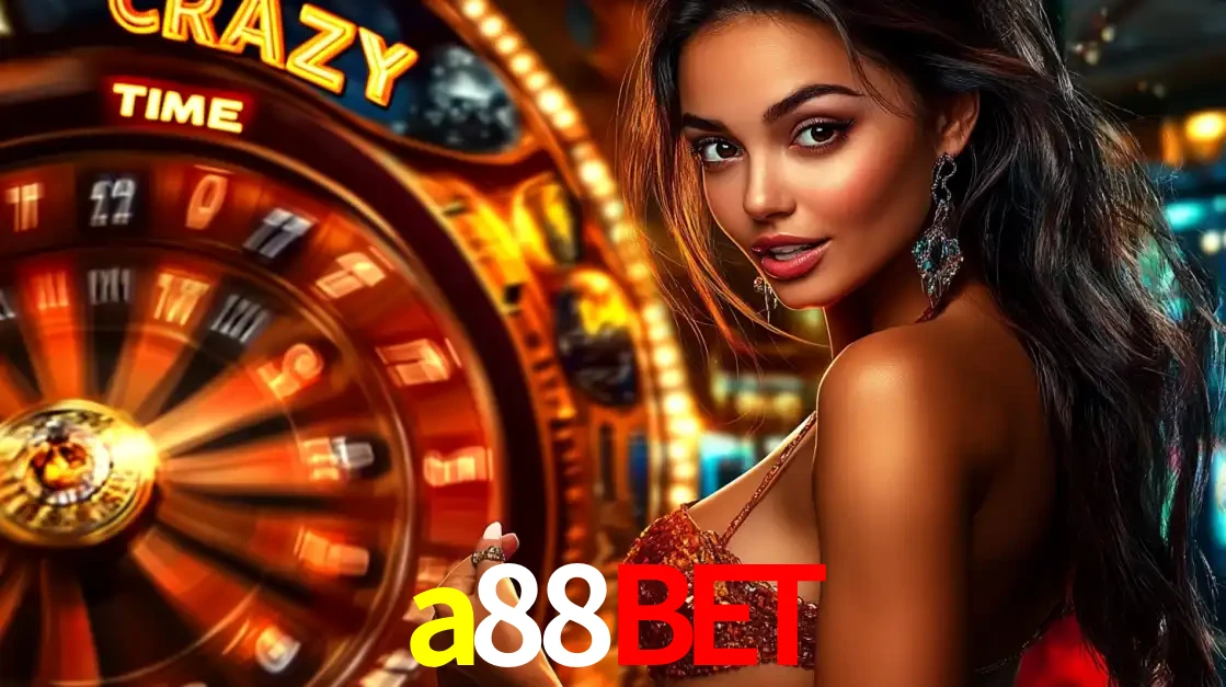 Mulher ao lado da roda de prêmios do jogo de cassino ao vivo Crazy Time, um dos shows de jogos mais emocionantes oferecidos pela plataforma de apostas a88bet.