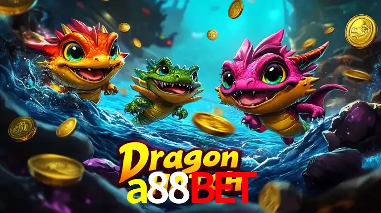 Arte promocional do jogo Dragon Hatch com três adoráveis dragões bebês nadando entre moedas de ouro, um dos slots mais divertidos para jogar no cassino a88bet.