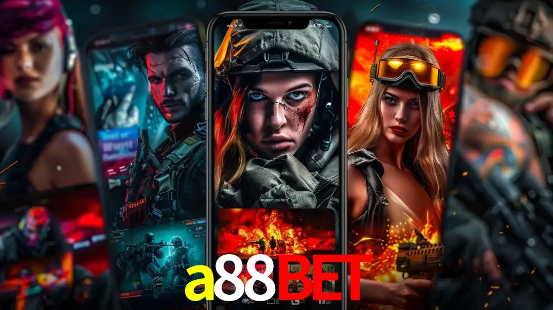 Montagem de telas de celular mostrando diversos personagens, masculinos e femininos, de um jogo de tiro, ilustrando a diversidade de equipes de e-sports para apostar no a88bet.