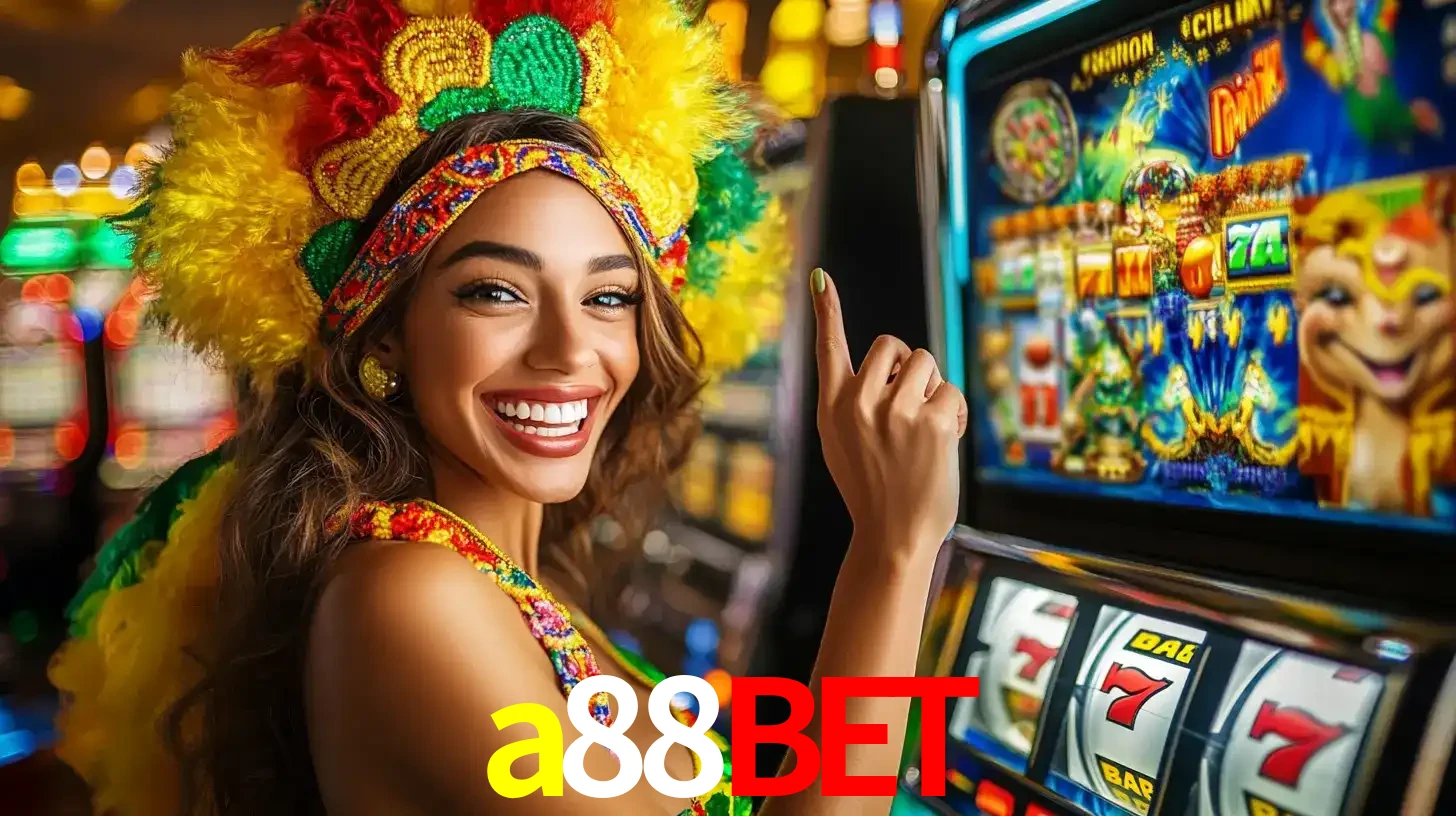 Mulher animada com um cocar de carnaval apontando para uma máquina de caça-níqueis, mostrando a emoção de ganhar um grande prêmio nos jogos do a88bet.