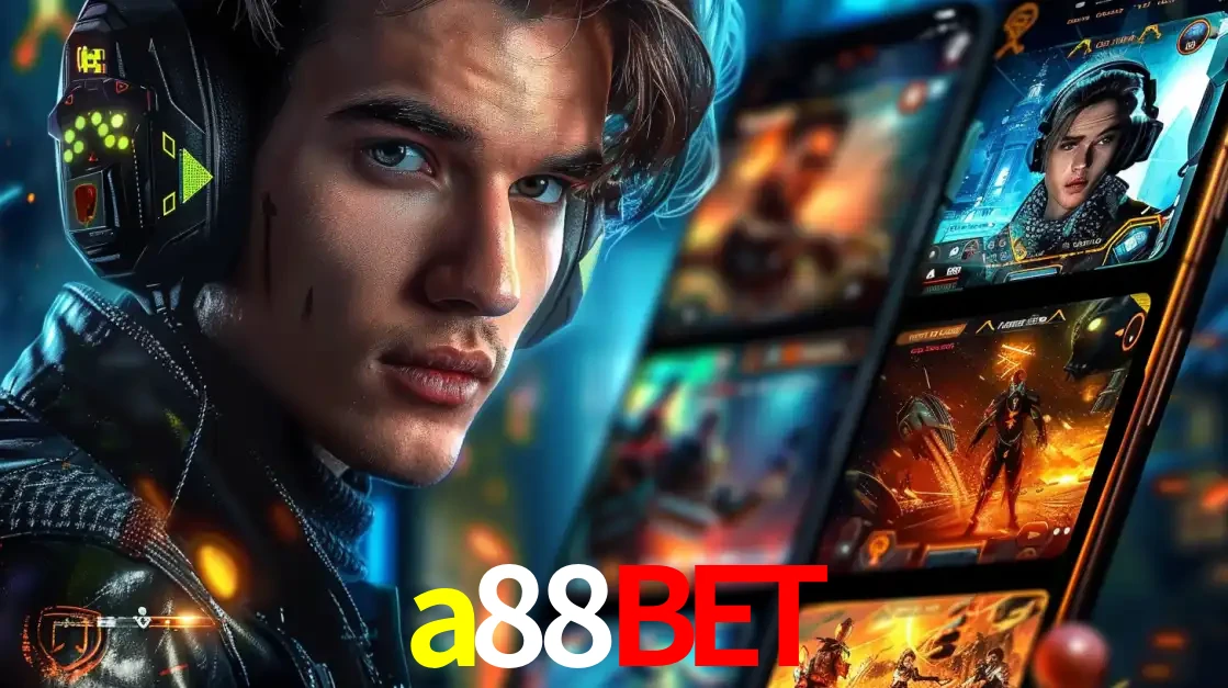 Jovem jogador com fones de ouvido olhando para a câmera, com um aplicativo de jogos e e-sports para celular ao fundo, pronto para a competição e apostas no a88bet.
