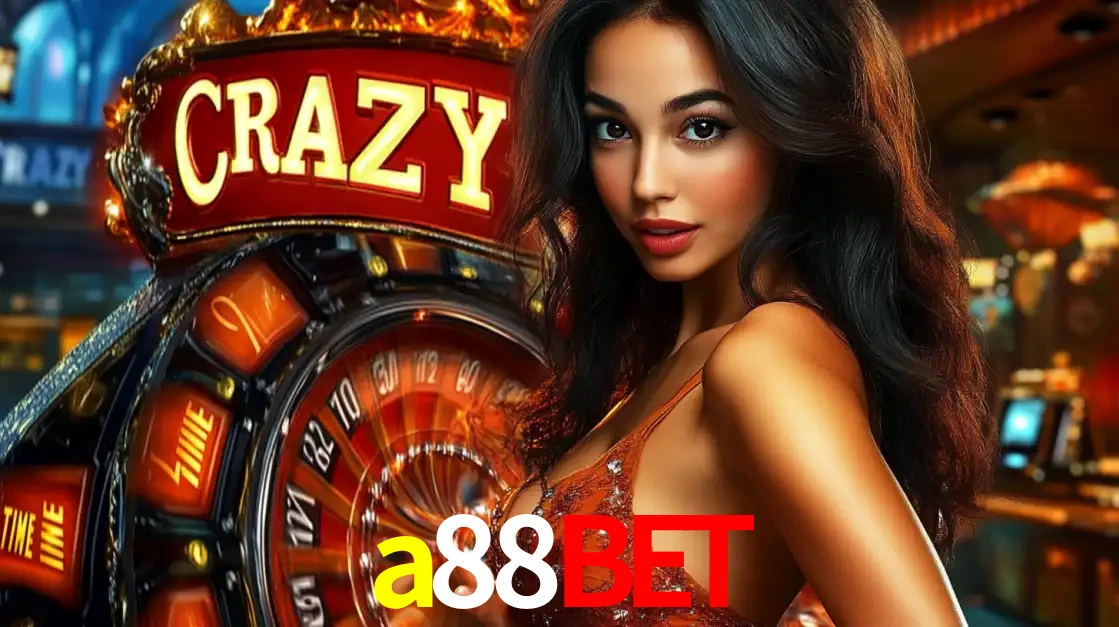 Mulher glamourosa olhando para a câmera com a roda vermelha do Crazy Time ao fundo em um ambiente de cassino, destacando a emoção dos jogos ao vivo no a88bet.