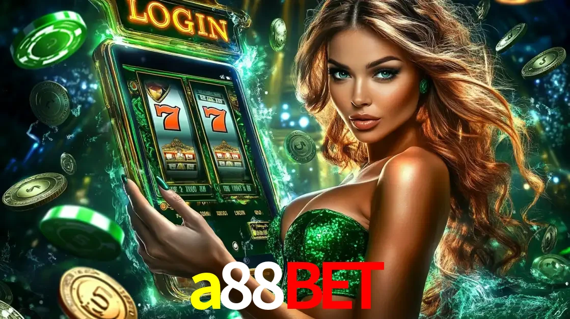 Mulher com tema verde apresentando o aplicativo do cassino a88bet com um jogo de slot de 777, cercada por fichas de cassino e uma aura de sorte.