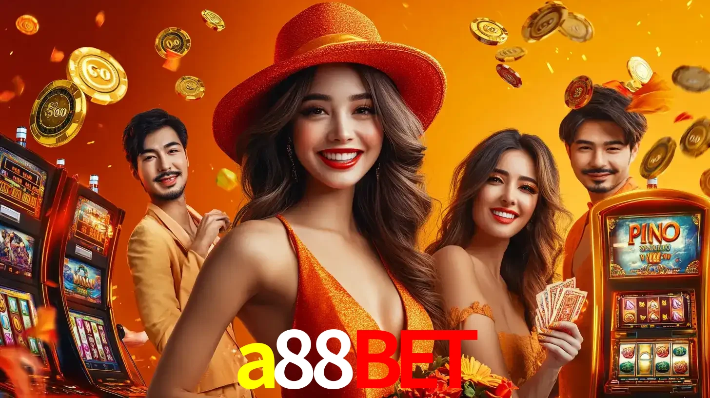 Grupo de amigos asiáticos sorrindo e se divertindo com máquinas de caça-níqueis em um ambiente festivo, celebrando suas vitórias nos jogos de cassino do a88bet.