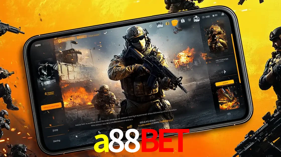 Um smartphone exibindo a interface de um jogo de tiro em primeira pessoa, com um soldado em um cenário de batalha, representando a ação dos e-sports para apostar no a88bet.