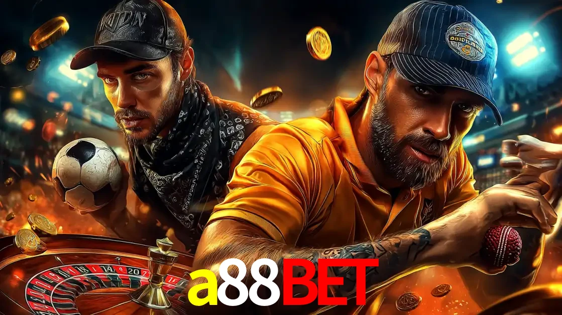 Montagem de apostas esportivas e cassino no a88bet, com um homem segurando uma bola de futebol e outro uma de beisebol sobre uma roleta e moedas voadoras.