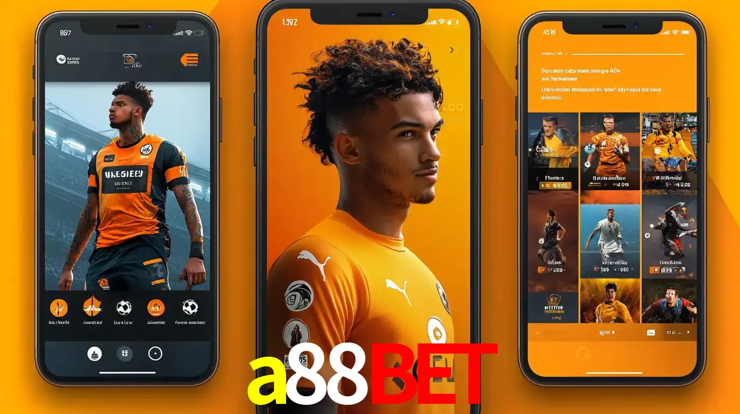 Interface do aplicativo de apostas esportivas a88bet em três telas de celular, mostrando o perfil de um jogador de futebol e a lista de jogos disponíveis para apostar.