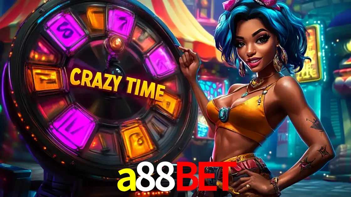 Mulher estilizada com cabelo azul e visual vibrante posando ao lado da roda de prêmios do game show Crazy Time, convidando para a diversão e os bônus do cassino a88bet.