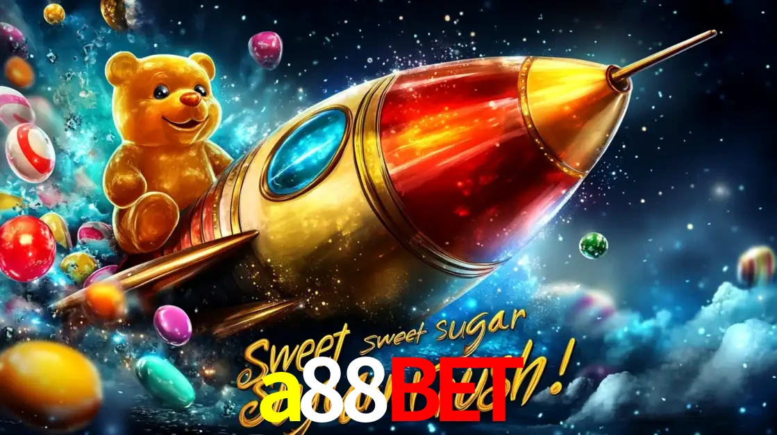Arte promocional do jogo de slot Sugar Rush, com um urso de pelúcia em um foguete viajando pelo espaço de doces, um dos jogos divertidos disponíveis no cassino a88bet.