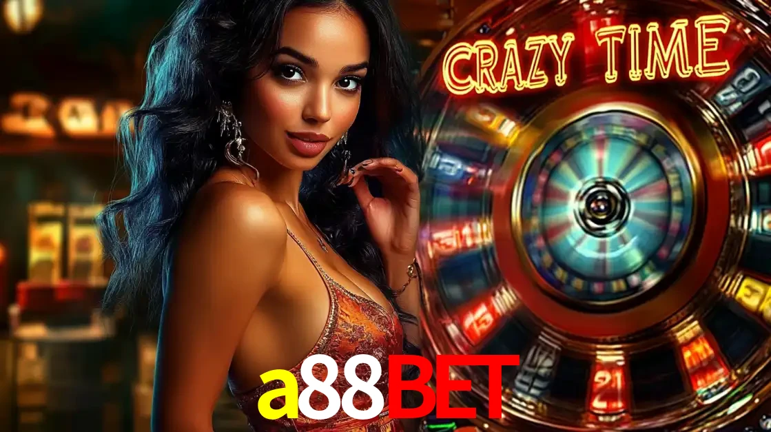 Mulher elegante ao lado da vibrante roda da fortuna do jogo de cassino ao vivo Crazy Time, um dos game shows mais populares e cheios de prêmios do a88bet.