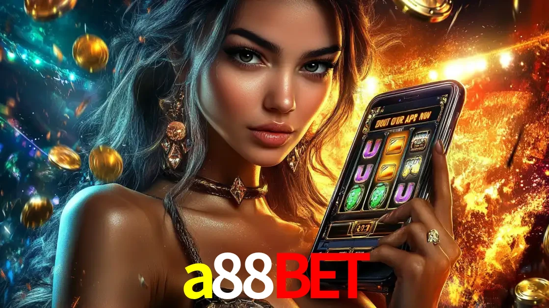 Mulher elegante mostrando um jogo de caça-níqueis em seu smartphone, destacando a experiência de cassino móvel oferecida pelo aplicativo a88bet.