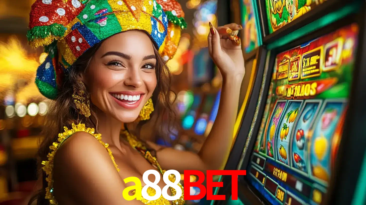 Mulher feliz com traje de carnaval amarelo e colorido ao lado de uma máquina de caça-níqueis, aproveitando a diversão e os jogos temáticos do cassino a88bet.